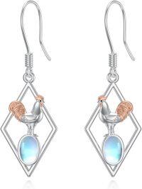 wholesale 925 Sterling Silver Moonstone Rooster Cubic Zirconia-Shaped Drop Earrings-Chicken