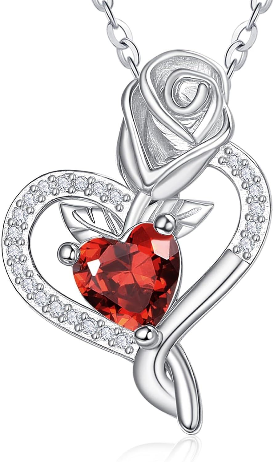 Sterling Silver Birthstone Heart Pendant Necklace for Women-01-Jan