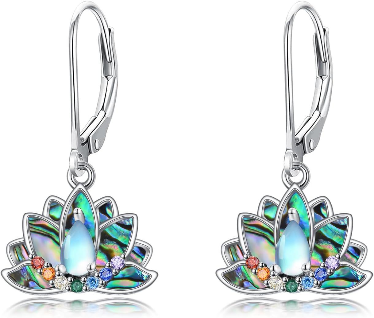  Sterling Silver Abalone Shell Moonstone Hummingbird Butterfly Lotus Dangle Earrings for Women -0-1