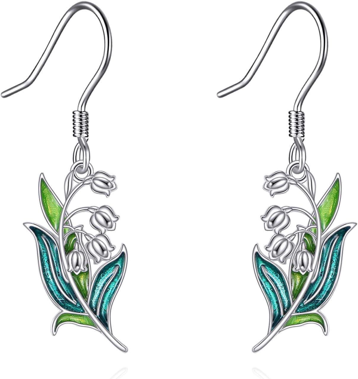 wholesale 925 Sterling Silver Green Enamel Flower Drop Earrings-0-0