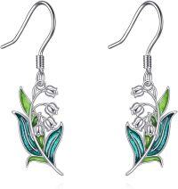 wholesale 925 Sterling Silver Green Enamel Flower Drop Earrings-Lily of the Valley