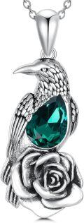wholesale Sterling Silver Crystal Raven Necklace with Rose Flower Pendant for Men-0-3
