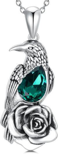 wholesale Sterling Silver Crystal Raven Necklace with Rose Flower Pendant for Men-A01-Emerald