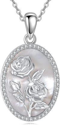 wholesale 925 Sterling Silver Oval Mother of Pearl Rose Flower Pendant Necklace s for Women-June-Rose Flower