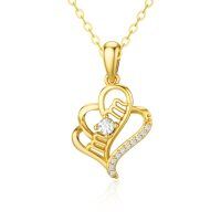 wholesale 14k Gold Mom Script Heart Pendant Necklace With Cubic Zirconia Stones-style 2