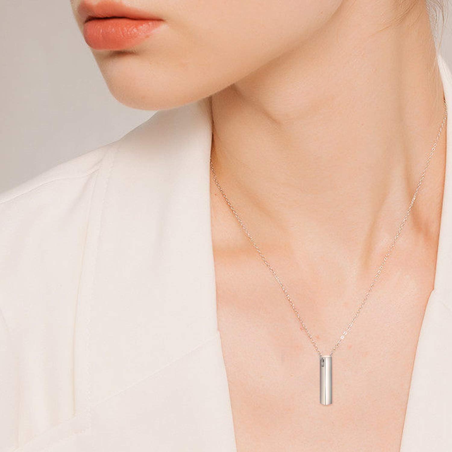 Stainless Steel Cylinder Shape Keepsake Jewelry with Funnel and Screwdriver Set - 925 Sterling Silver 3D Vertical Bar Urn Necklace for Ashes Simple Cremation Memorial Pendant-0-2