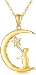 wholesale 14K Gold Crescent Moon & Star with Cat Silhouette Pendant Necklace - 18 Delicate Chain (3 Styles)-0-0