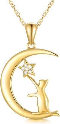 wholesale 14K Gold Crescent Moon & Star with Cat Silhouette Pendant Necklace - 18 Delicate Chain (3 Styles)-Style 1