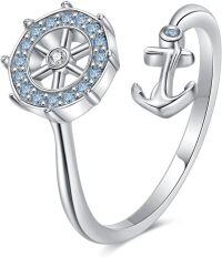 wholesale 925 Sterling Silver White Sapphire Blue Gemstone Adjustable Nautical Anchor Ring-Aquamarine