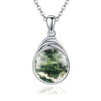 wholesale 925 Sterling Silver Pink Rose Quartz Teardrop Pendant Necklace-Moss Agate