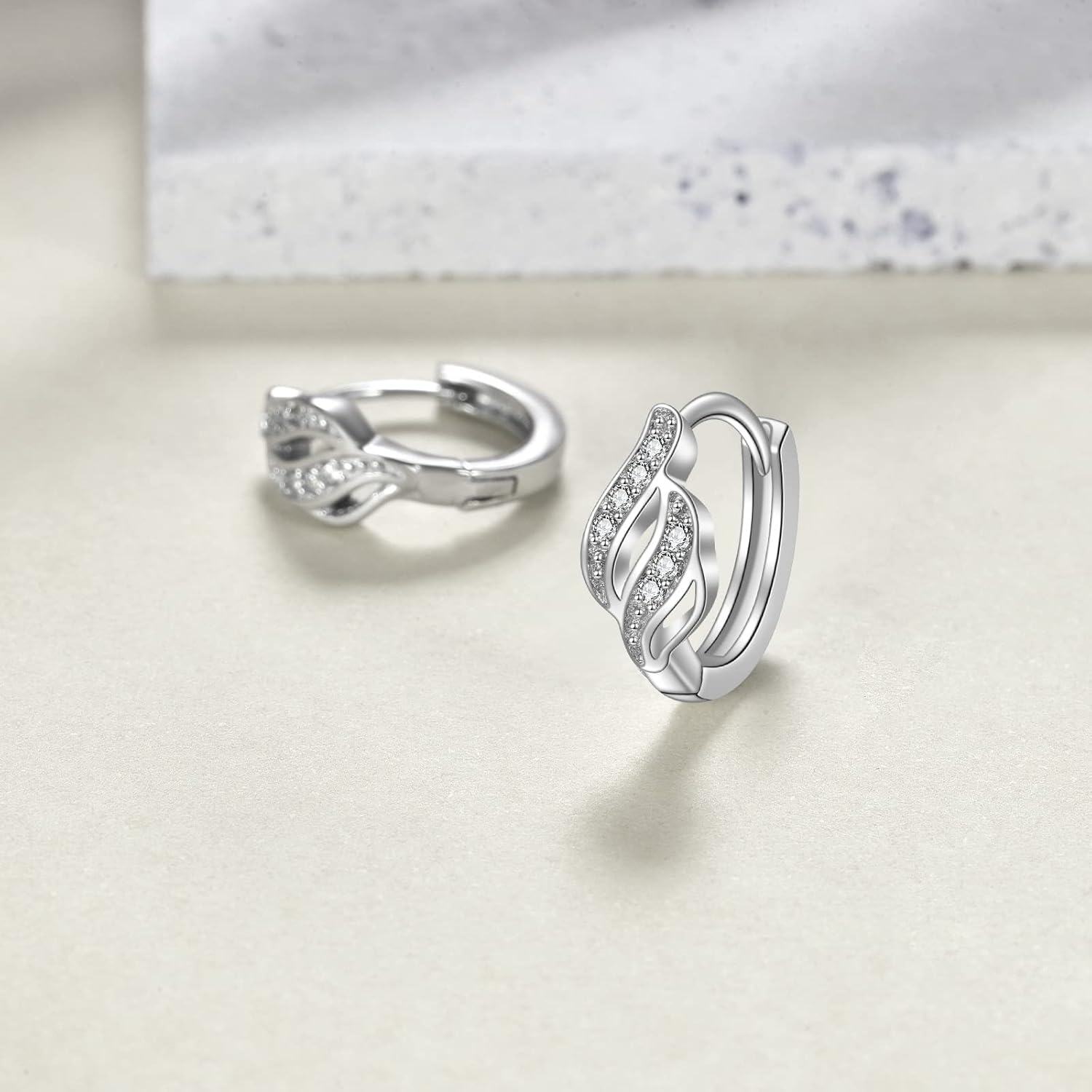 925 Sterling Silver Twist Leaf Design Huggie Hoops with Cubic Zirconia for Women-0-1