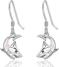wholesale 925 Sterling Silver Opal Shark Head Drop Earrings for Women Girls Hypoallergenic Sea Life s 4cm Long-White