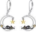 wholesale 925 Sterling Silver Moon Star Black Cat Drop Earrings Leverback s for Women Girl-0-0