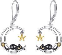 wholesale 925 Sterling Silver Moon Star Black Cat Drop Earrings Leverback s for Women Girl-Moon