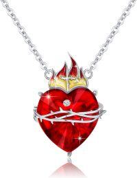 wholesale 925 Sterling Silver Sacred Heart of Jesus Necklace with Cubic Zirconia and Crown Design Christian Amulet -White Gold Plated