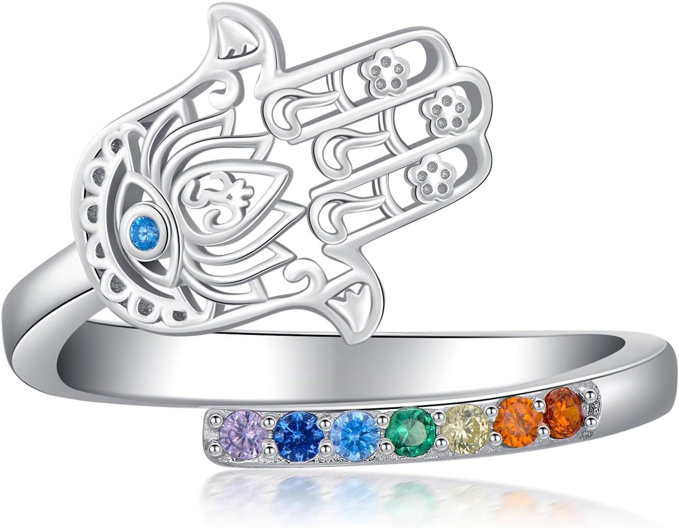 Sterling Silver Hamsa Evil Eye Chakra Adjustable Open Ring-Chakra