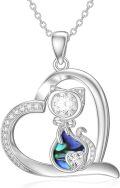 wholesale 925 Sterling Silver Abalone Shell Cat Heart Pendant Necklace for Women-0-0