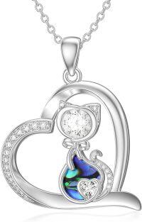 wholesale 925 Sterling Silver Abalone Shell Cat Heart Pendant Necklace for Women-Cat