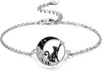 wholesale 925 Sterling Silver Black Enamel Moon Cat Teardrop Anklet for Women-Mountain Moon Cat Anklet