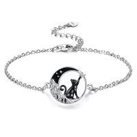 wholesale 925 Sterling Silver Black Enamel Moon Cat Teardrop Anklet for Women-Mountain Moon Cat Anklet