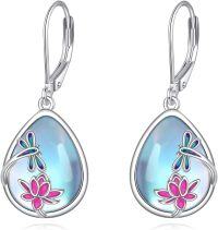 wholesale 925 Sterling Silver Teardrop Moonstone Dragonfly & Lotus Flower Leverback Earrings Gift for Women-Dragonfly Earrings