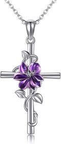 wholesale 925 Sterling Silver Purple Carnation Floral Cross Pendant Necklaces for Women-0-0