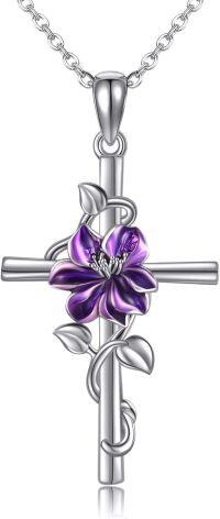 wholesale 925 Sterling Silver Purple Carnation Floral Cross Pendant Necklaces for Women-Violet