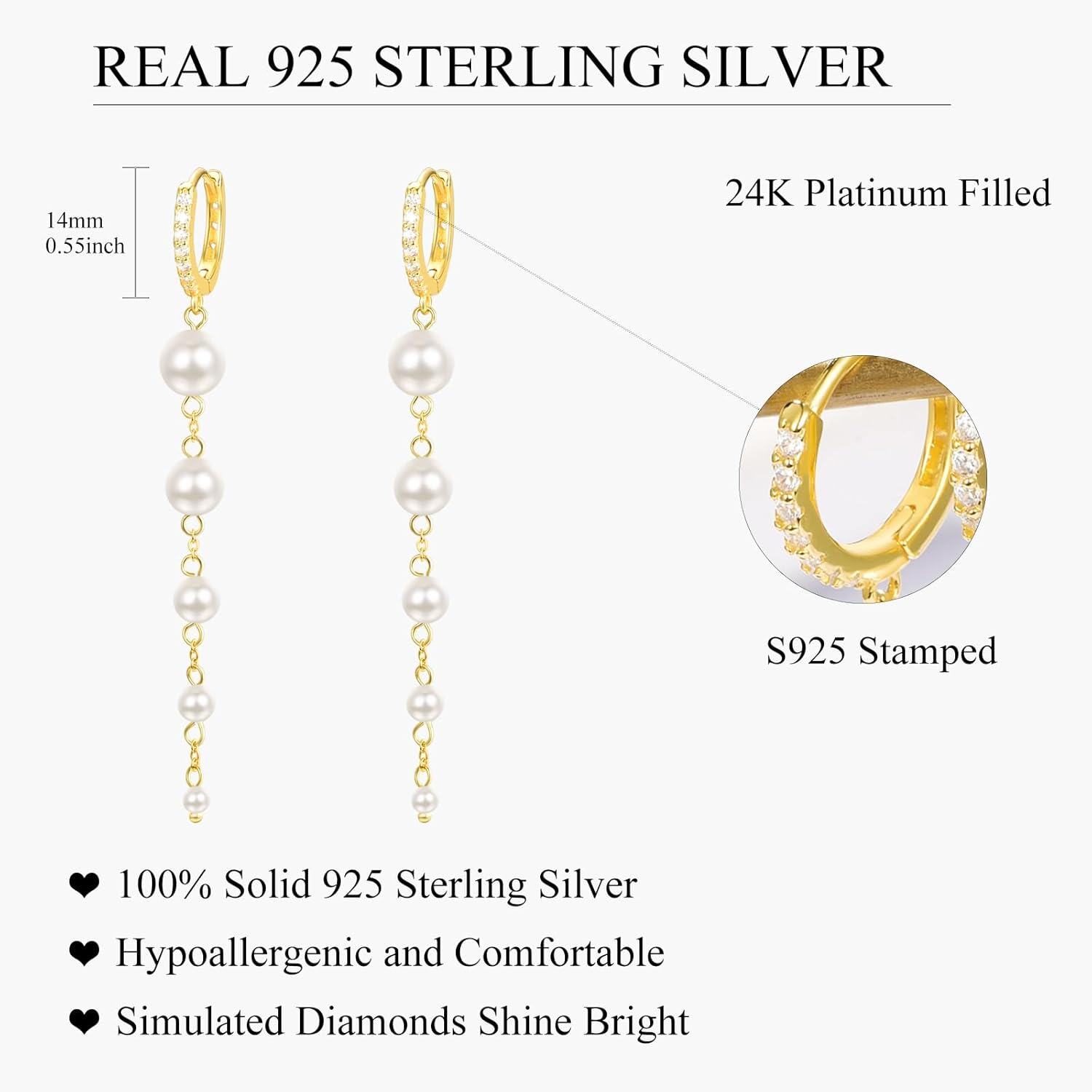 wholesale Gold 925 Sterling Silver Pearl Drop Earrings with Cubic Zirconia Accents for Women-0-4