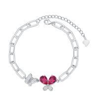 wholesale 925 Sterling Silver Pink Crystal Butterfly Paperclip Chain Bracelet Wholesale With Heart Charm-July-Ruby Red