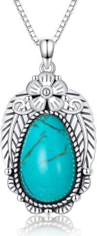 wholesale 925 Sterling Silver & Turquoise Necklace - Vintage Teardrop Pendant with Flower Detail, 18 Rhodium-Plated Chain, December Birthstone Gift-A_Turquoise_18+2'' Sterling Silver Chain