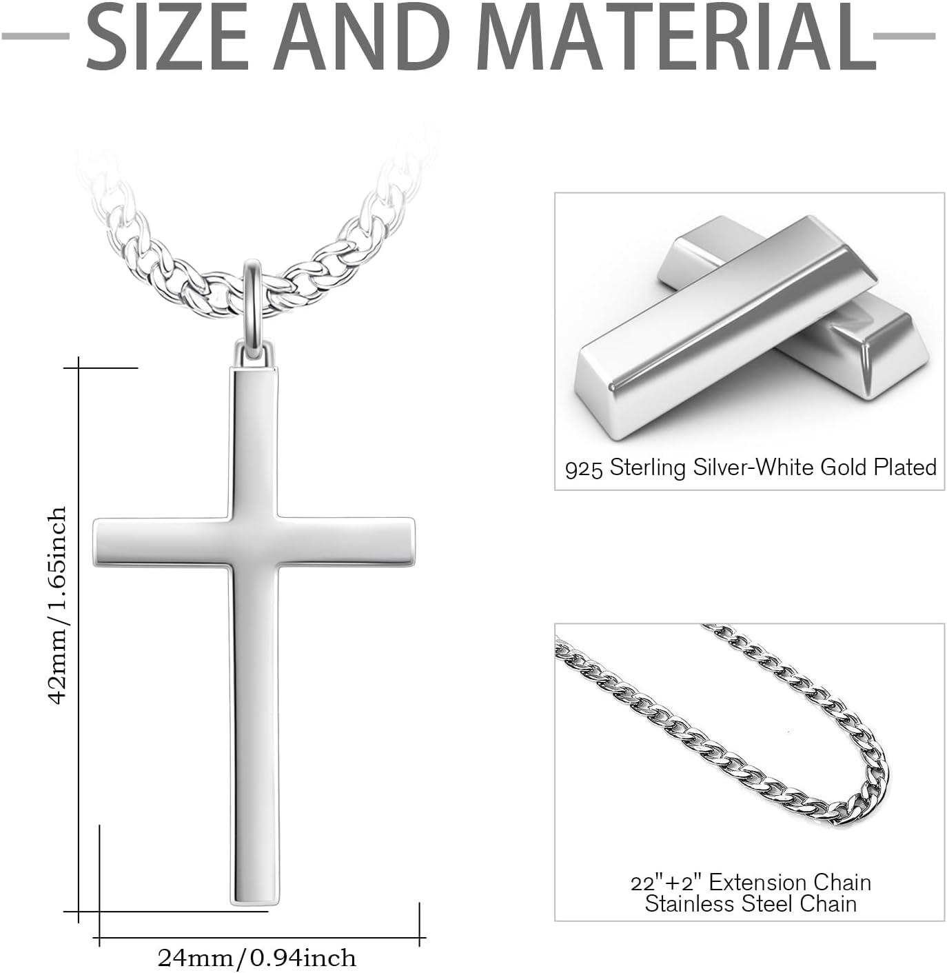 wholesale 925 Sterling Silver & Stainless Steel Mens Cross Pendant Necklaces for Men s - 24 Chain Length-0-3
