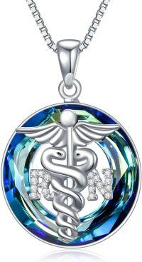 wholesale 925 Sterling Silver Blue Crystal Caduceus Angel RN Necklace for Nurses & Medical Staff-Caduceus Angel-Blue Crystal