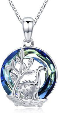 wholesale 925 Sterling Silver Blue Crystal Tree of Life with Dinosaur Pendant Necklace for Women and Girls-Blue