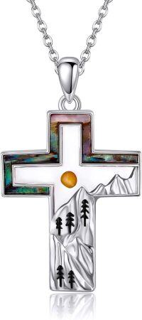 wholesale 925 Sterling Silver Cross Pendant with Blue Opal and Mustard Seed Stone - Christian Jewelry for Women-Abalone Cross Seed Necklace