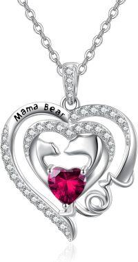 wholesale 925 Sterling Silver Birthstone Mama Heart Necklace for Mom Wife Grandma-07 Jul - Ruby