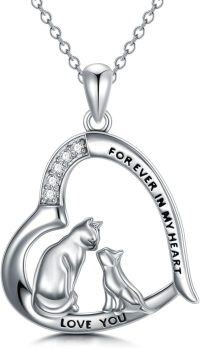 wholesale 925 Sterling Silver 925 Cat Heart CZ Pendant Necklace w/Engraving Forever In My Heart & Love You Giftboxed-Cat