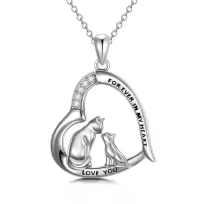 wholesale 925 Sterling Silver 925 Cat Heart CZ Pendant Necklaces Wholesale w/Engraving Forever In My Heart & Love You Giftboxed-Cat