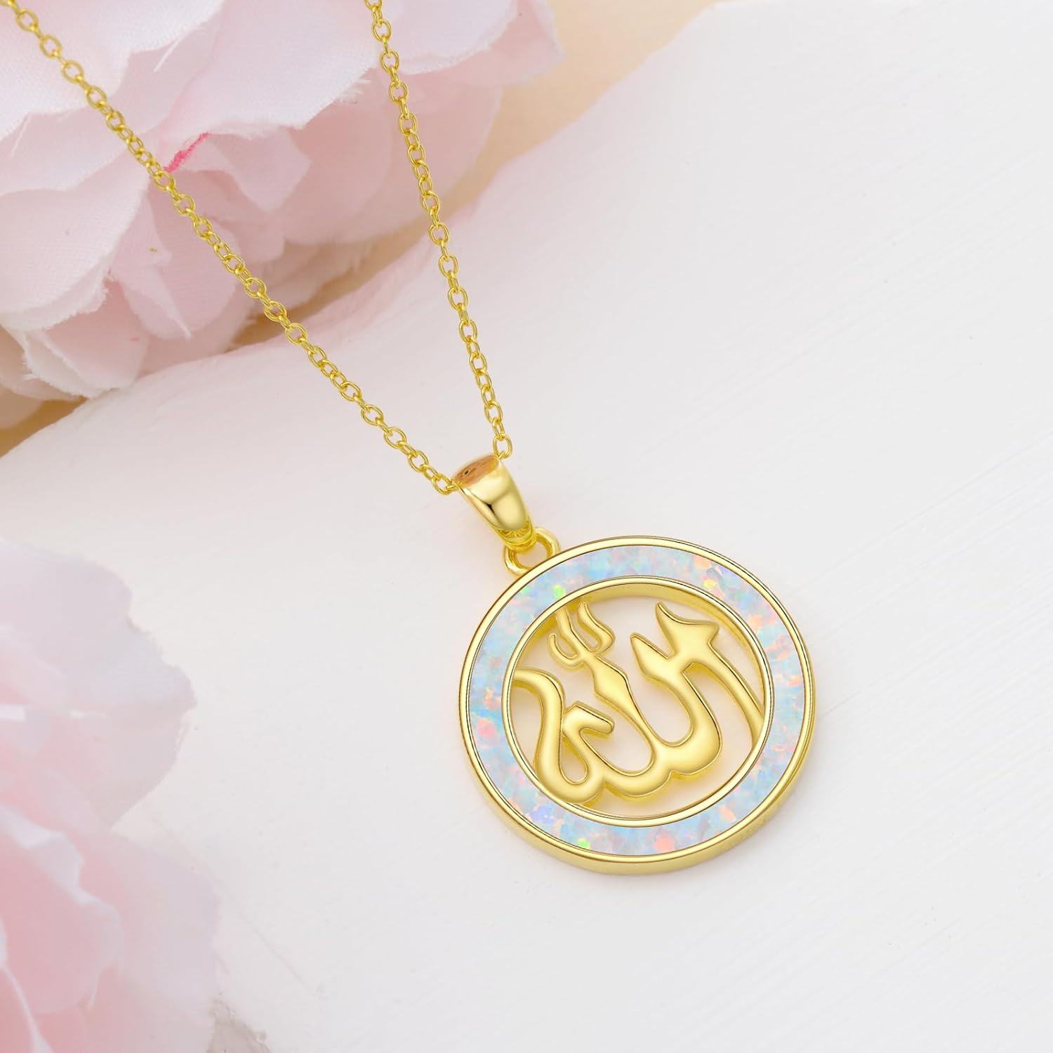 wholesale 925 Sterling Silver Opal Round Allah Pendant Necklace for Women - Islamic Muslim -0-4