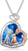wholesale 925 Sterling Silver Blue Crystal Heart Love Cat Pendant Necklace for Women Girls  48cm Chain Length-0-0