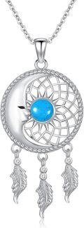 wholesale 925 Sterling Silver Blue Turquoise Crescent Moon Dreamcatcher Pendant Necklace for Women Girls Gifts-0-0