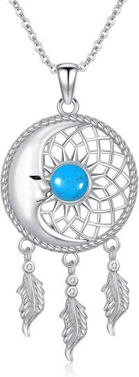 wholesale 925 Sterling Silver Blue Turquoise Crescent Moon Dreamcatcher Pendant Necklace for Women Girls Gifts-Turquoise
