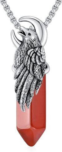 wholesale 925 Sterling Silver Red Agate Crystal Raven Moon Pendant Necklace for Men & Women-D04-Carnelian