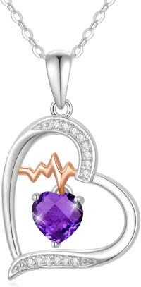 wholesale Sterling Silver Gemstone Love Heart Birthstone Necklace with Heartbeat Pendant for Women Gift for Mother Wife Girlfriend-02-Feb-Amethsyt