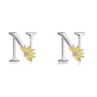 wholesale 925 Sterling Silver Sunflower Initial Alphabet Letter Script Name Stud Earrings for Women-Initial N