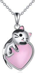wholesale 925 Sterling Silver Pink Enamel Cat Heart Pendant Necklace for Women-0-0