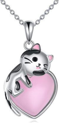wholesale 925 Sterling Silver Pink Enamel Cat Heart Pendant Necklace for Women-Cat