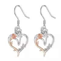 TOUPOP Sterling Silver Rose Heart Butterfly Initial V Letter Drop Dangle Earrings-undefined