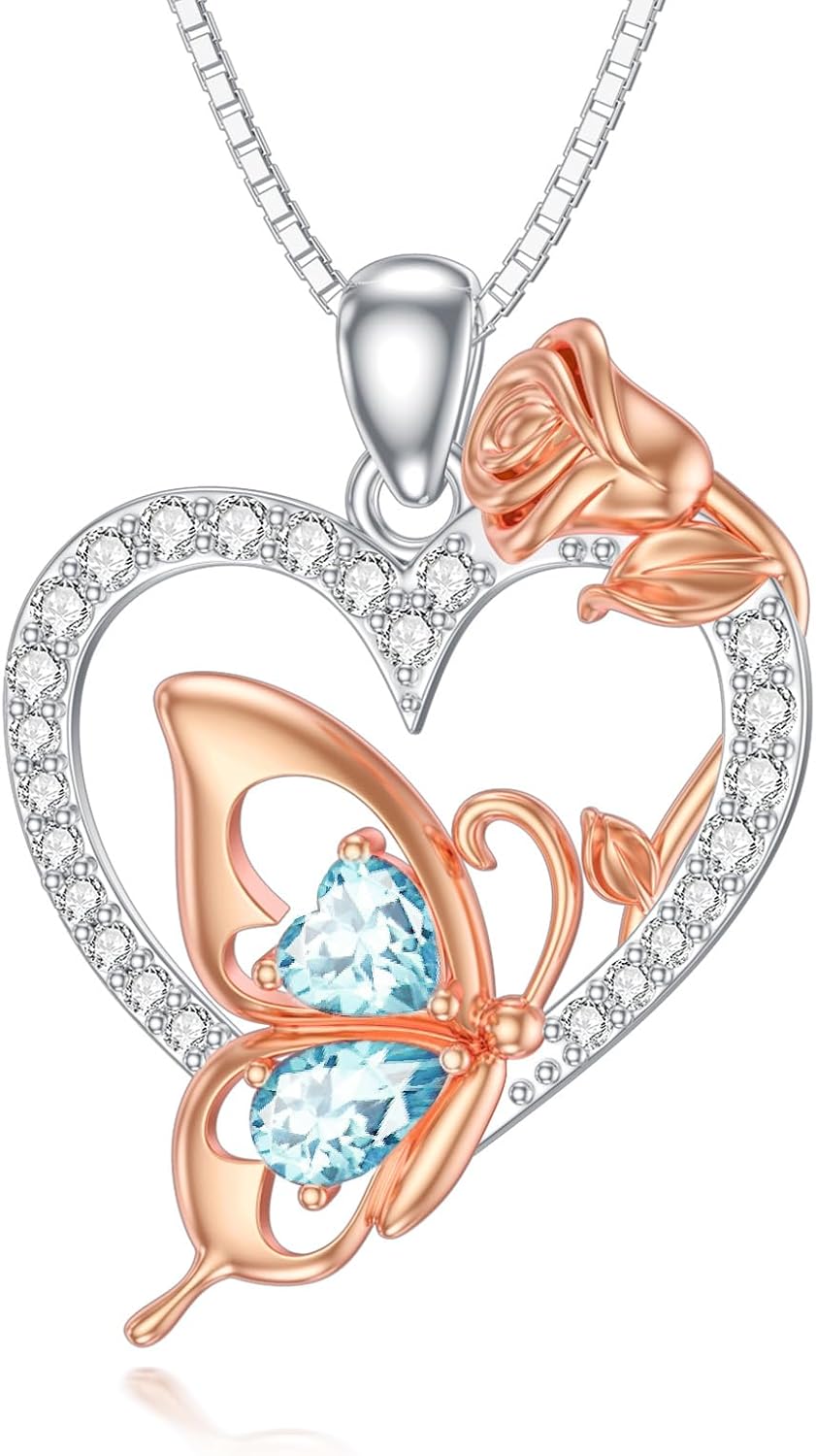  Sterling Silver Zircon Butterfly Heart Necklace for Women Birthday Gift -March