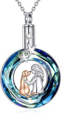 wholesale 925 Sterling Silver Blue Crystal Moon & Stars Dog and Girl Urn Keepsake Locket Necklace for Ashes - Pet Memorial s-Urn necklace