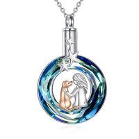 wholesale 925 Sterling Silver Blue Crystal Moon & Stars Dog and Girl Urn Keepsake Locket Necklace for Ashes - Pet Memorial s-Urn necklace